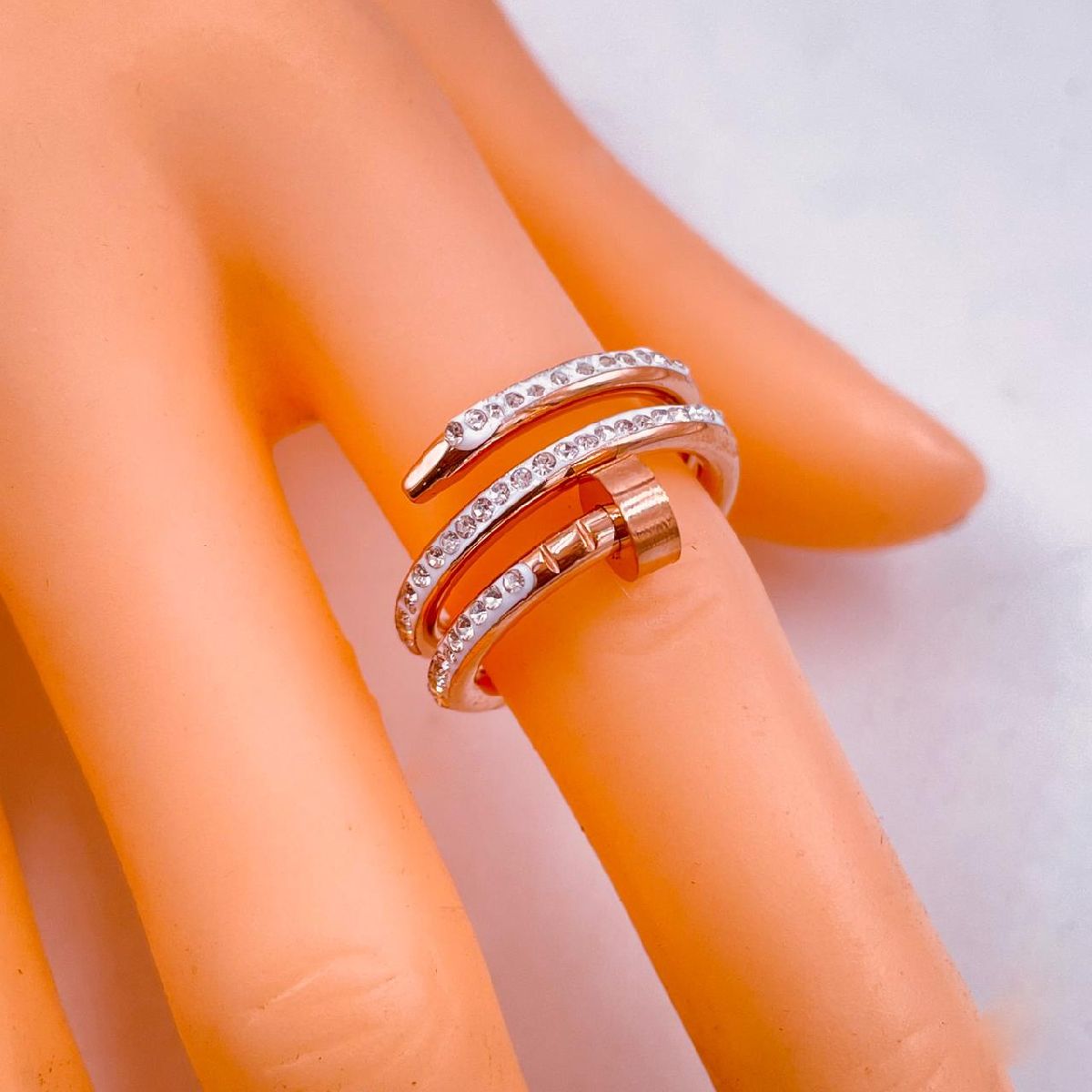 Stainless Steel Layered Nail Cubic Zirconia 18K Rose Gold Ring for Women