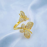 Dual Butterfly Cubic Zirconia Gold Copper Adjustable Ring for Women