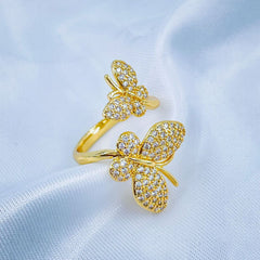 Dual Butterfly Cubic Zirconia Gold Copper Adjustable Ring for Women
