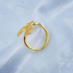 Dual Butterfly Cubic Zirconia Gold Copper Adjustable Ring for Women