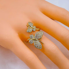 Dual Butterfly Cubic Zirconia Gold Copper Adjustable Ring for Women