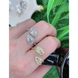 Copper Cubic Zirconia Crystal Gold Leaf Feather Adjustable Ring Women