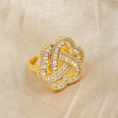 Copper Triple Heart Love Crystal Baguette Gold Adjustable Ring Women