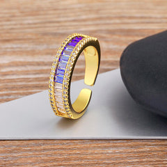 Graduating Shades of Blue Purple Zircon 18K Gold Copper Free Size Ring Women
