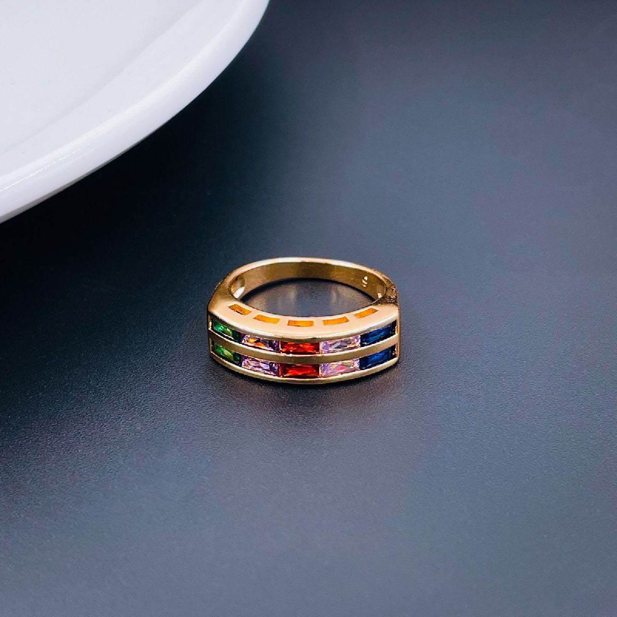 Invisible Multi Color Baguette Cubic Zirconia 18K Gold Copper Ring Women