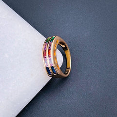 Invisible Multi Color Baguette Cubic Zirconia 18K Gold Copper Ring Women