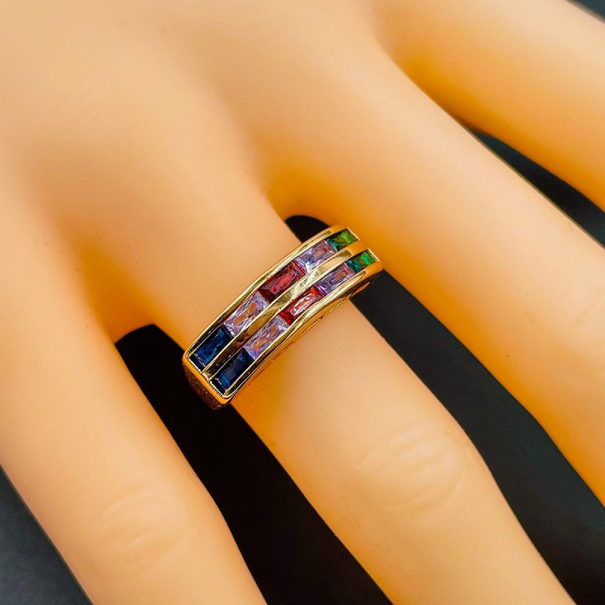 Invisible Multi Color Baguette Cubic Zirconia 18K Gold Copper Ring Women