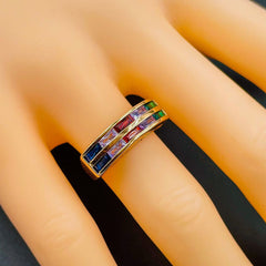 Invisible Multi Color Baguette Cubic Zirconia 18K Gold Copper Ring Women
