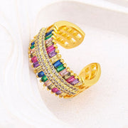 Baguette Rainbow Multi Colour Cubic Zirconia 18K Gold Copper Open Back Ring Women