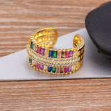 Baguette Rainbow Multi Colour Cubic Zirconia 18K Gold Copper Open Back Ring Women