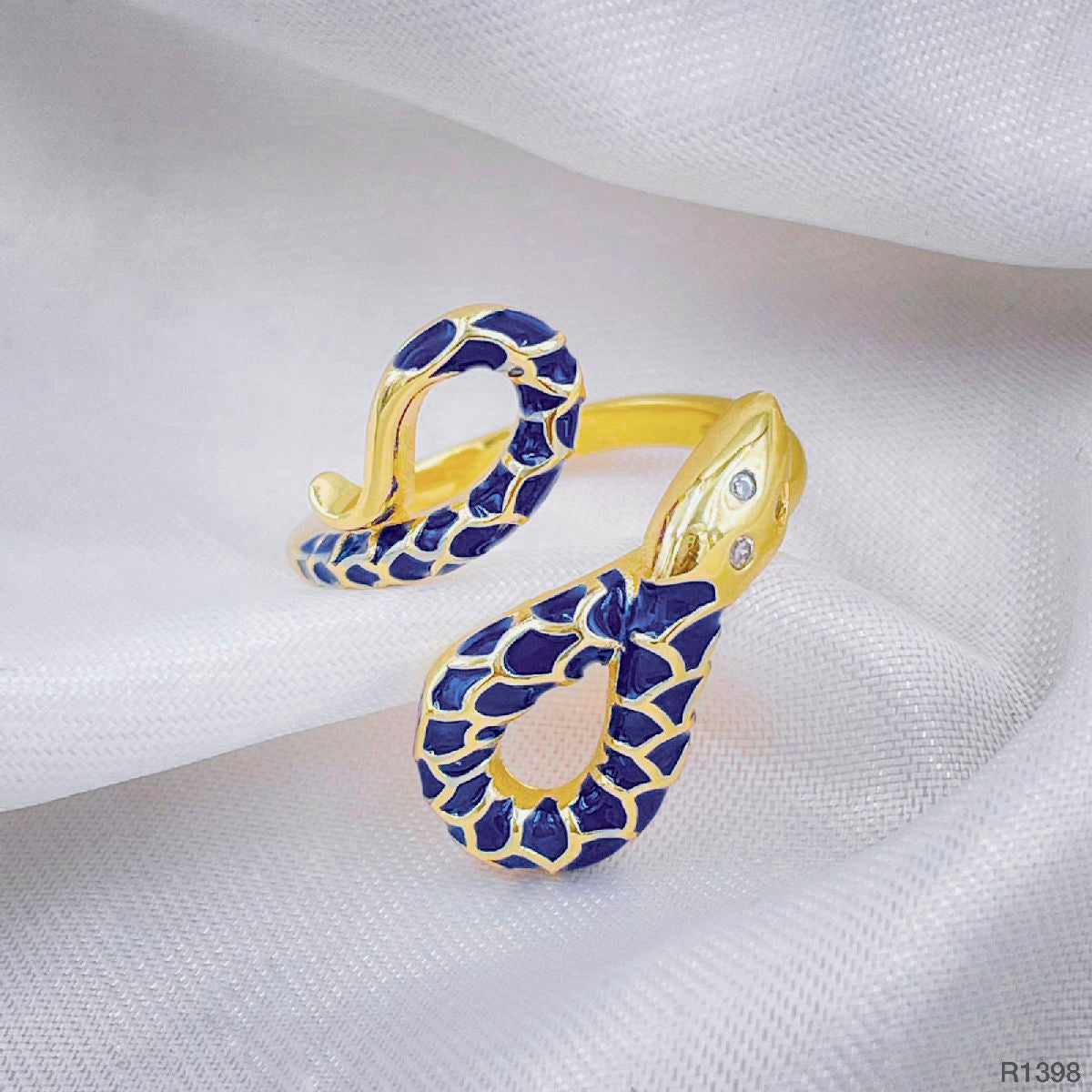 Copper Blue Gold Enamel Snake Cubic Zirconia Free Size Ring For Women