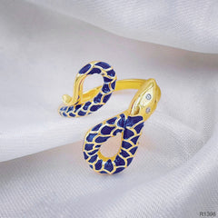 Copper Blue Gold Enamel Snake Cubic Zirconia Free Size Ring For Women