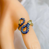 Copper Blue Gold Enamel Snake Cubic Zirconia Free Size Ring For Women