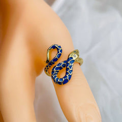 Copper Blue Gold Enamel Snake Cubic Zirconia Free Size Ring For Women