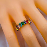 Oval Rainbow Multi Color Cubic Zirconia Gold Eternity Band Ring Women