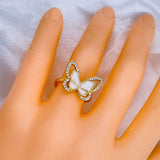 Butterfly Mother of Pearl Cubic Zirconia Gold Copper Adjustable Ring Women