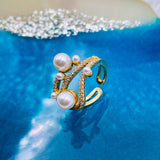 Criss Cross Pearl Cubic Zirconia 18K Gold Copper Adjustable Ring for Women