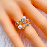 Criss Cross Pearl Cubic Zirconia 18K Gold Copper Adjustable Ring for Women