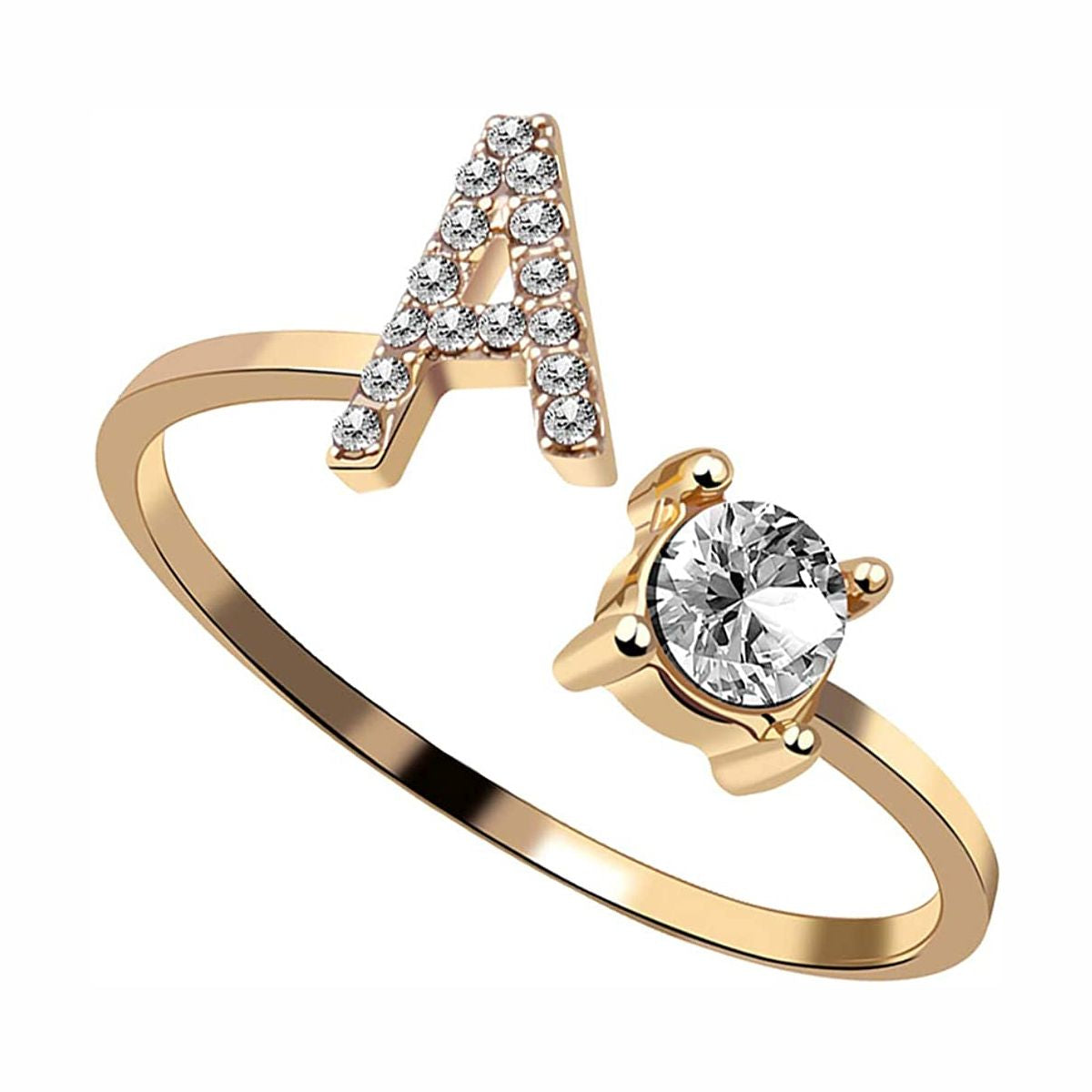 Initial Letter Cubic Zirconia Gold Copper Free Size Ring Women