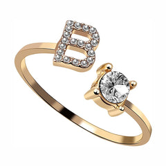 Initial Letter Cubic Zirconia Gold Copper Free Size Ring Women