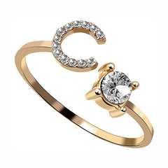 Initial Letter Cubic Zirconia Gold Copper Free Size Ring Women