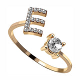 Initial Letter Cubic Zirconia Gold Copper Free Size Ring Women