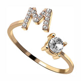Initial Letter Cubic Zirconia Gold Copper Free Size Ring Women