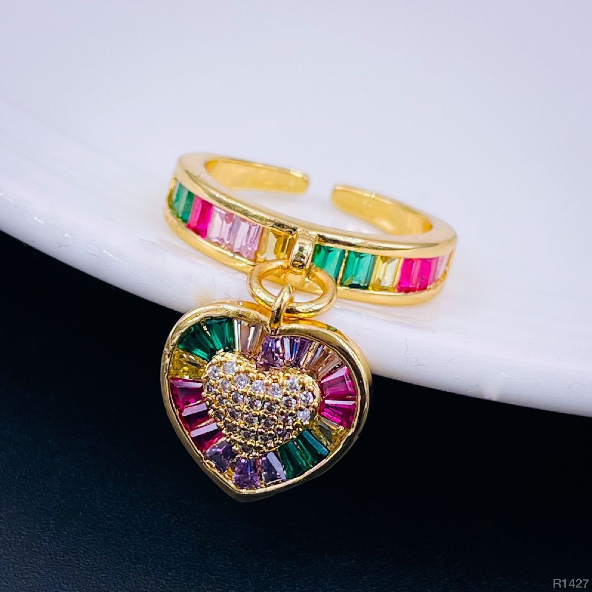 Heart Love Rainbow Multi Color Baguette 18K Gold Open Back Ring