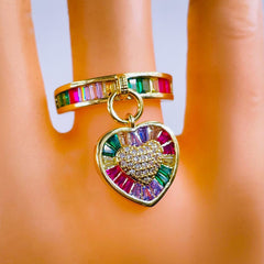 Heart Love Rainbow Multi Color Baguette 18K Gold Open Back Ring