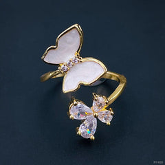 Butterfly Flower Mother of Pearl Zircon 18K Gold Adjustable Ring Women