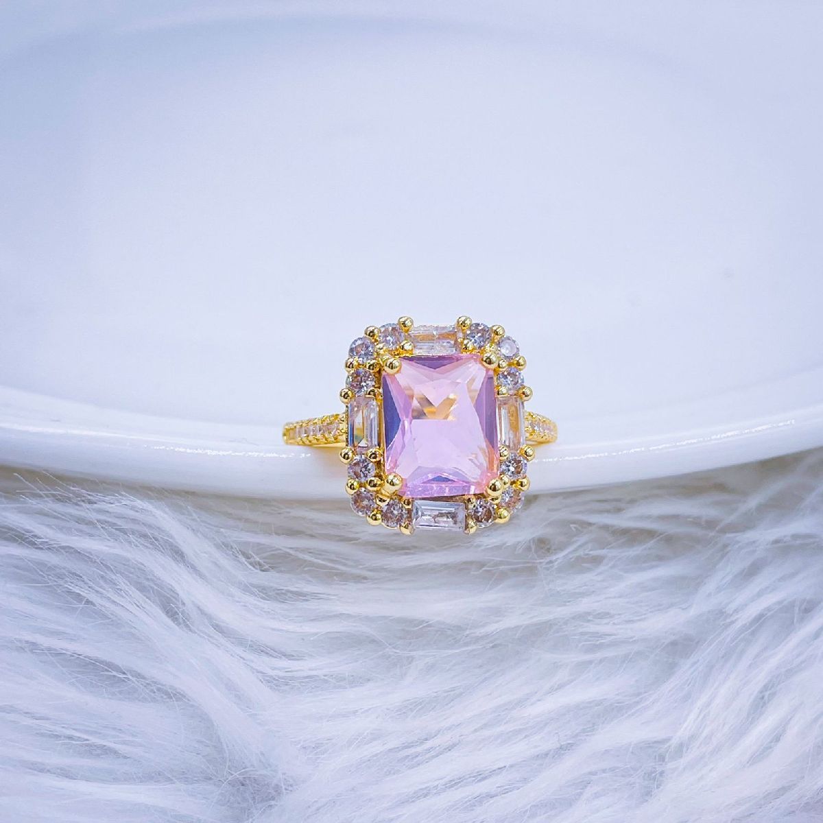 Copper Blue Sapphire Baguette Cubic Zirconia 18K Gold Free Size Ring Women