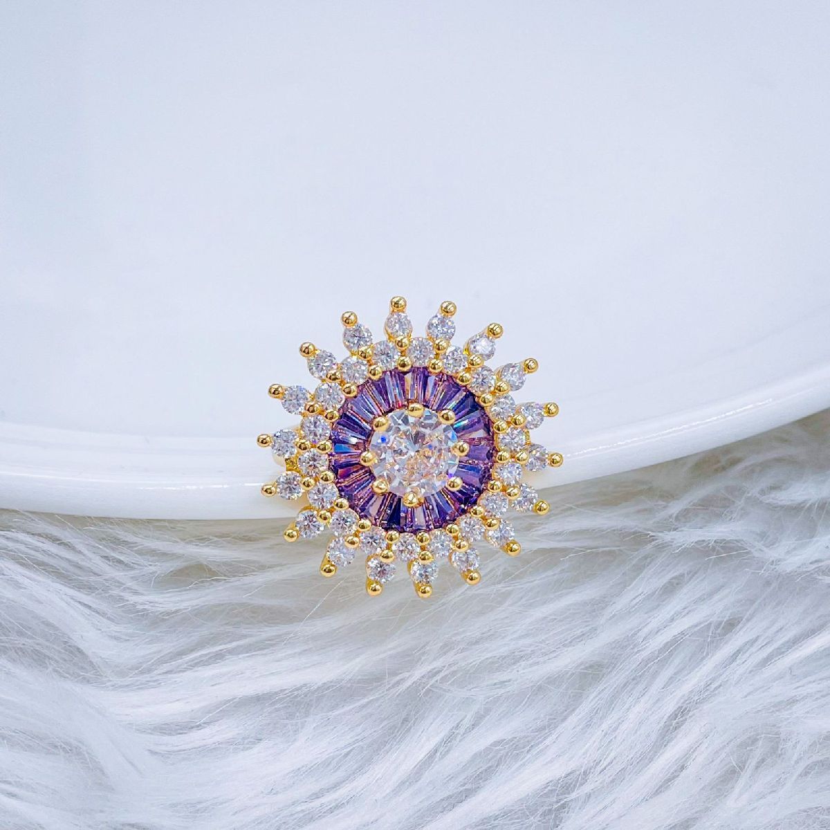 Purple Amethyst Cubic Zirconia Sun Flower 18K Gold Free Size Ring for Women