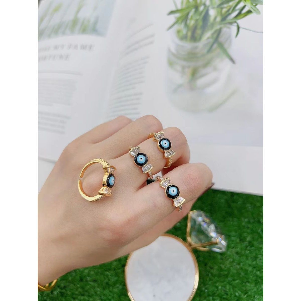 Fancy Blue Evil Eye Cubic Zirconia 18K Gold Open Back Ring For Women