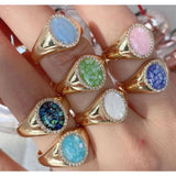 Aqua Studded Mother of Pearl Oval Smart 18K Free Size Ring Women