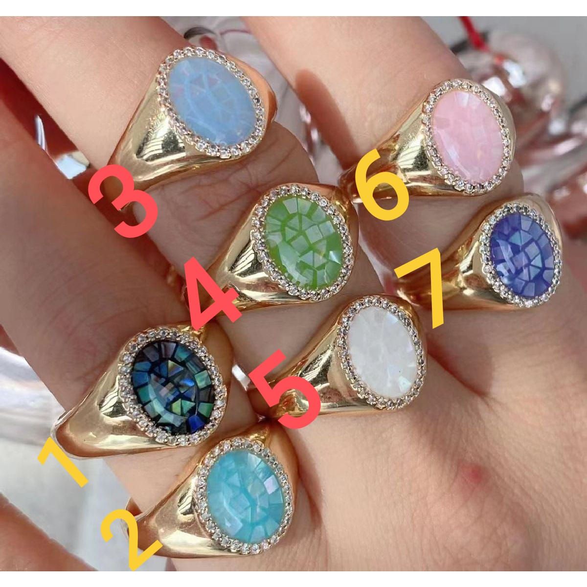 Aqua Studded Mother of Pearl Oval Smart 18K Free Size Ring Women