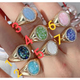 Aqua Studded Mother of Pearl Oval Smart 18K Free Size Ring Women