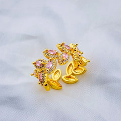 Floral Leaf Cubic Zirconia 18K Gold Anti Tarnish Open Back Ring Women