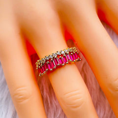 Ruby Red Cubic Zirconia Crystal Baguette Gold Adjustable Ring For Women