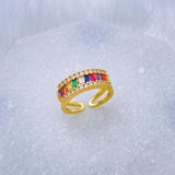 Rainbow Multi Color Baguette Studded 18K Gold Open Back Free Size Ring for Women