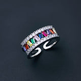 Rainbow Multi Color Baguette Studded 18K Gold Open Back Free Size Ring for Women