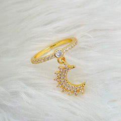 Crescent Charm Dangling Copper 18K Gold Free Size Ring for Women