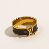 Brown Leather 18K Gold Stainless Steel Ring for Women