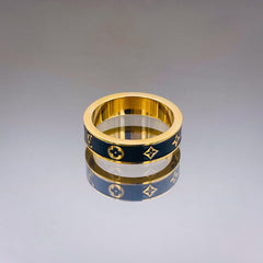 Black Enamel Clover flower 18K Gold Stainless Steel Band Ring for Women