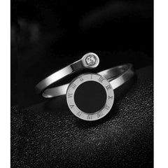 Roman Numbers Circle Black Silver Cubic zirconia Stainless Steel Ring for Women