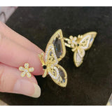 Butterfly Flower Cubic zirconia Crystal 18K Gold Copper Free Size Ring for Women