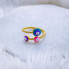 Purple Pink Evil Eye Enamel 18K Gold Copper Adjustable Ring for Women