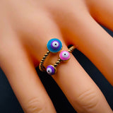 Purple Pink Evil Eye Enamel 18K Gold Copper Adjustable Ring for Women