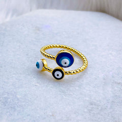 Purple Pink Evil Eye Enamel 18K Gold Copper Adjustable Ring for Women