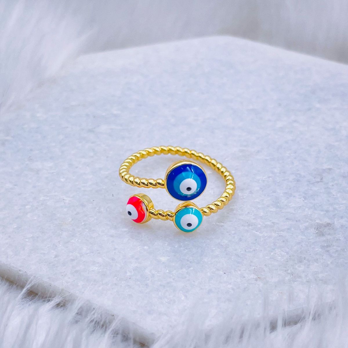 Purple Pink Evil Eye Enamel 18K Gold Copper Adjustable Ring for Women