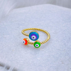 Purple Pink Evil Eye Enamel 18K Gold Copper Adjustable Ring for Women